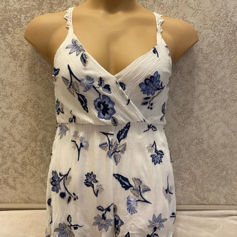 Lush Ivory Romper with Floral Embroidered Navy and Beige